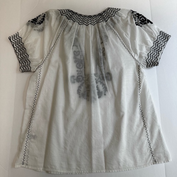 J.Crew Vintage White Gauze Blouse Black Embroidered V-Neck Puff Sleeve 0 - Picture 9 of 15